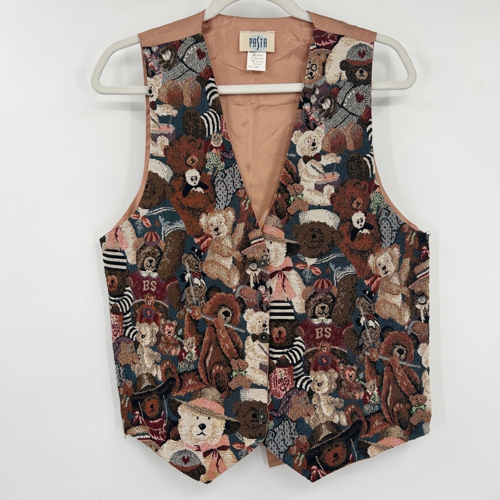 PASTA Womens Vintage 90s Teddy Bear Tapestry Vest Size‎ L Novelty Animal Print